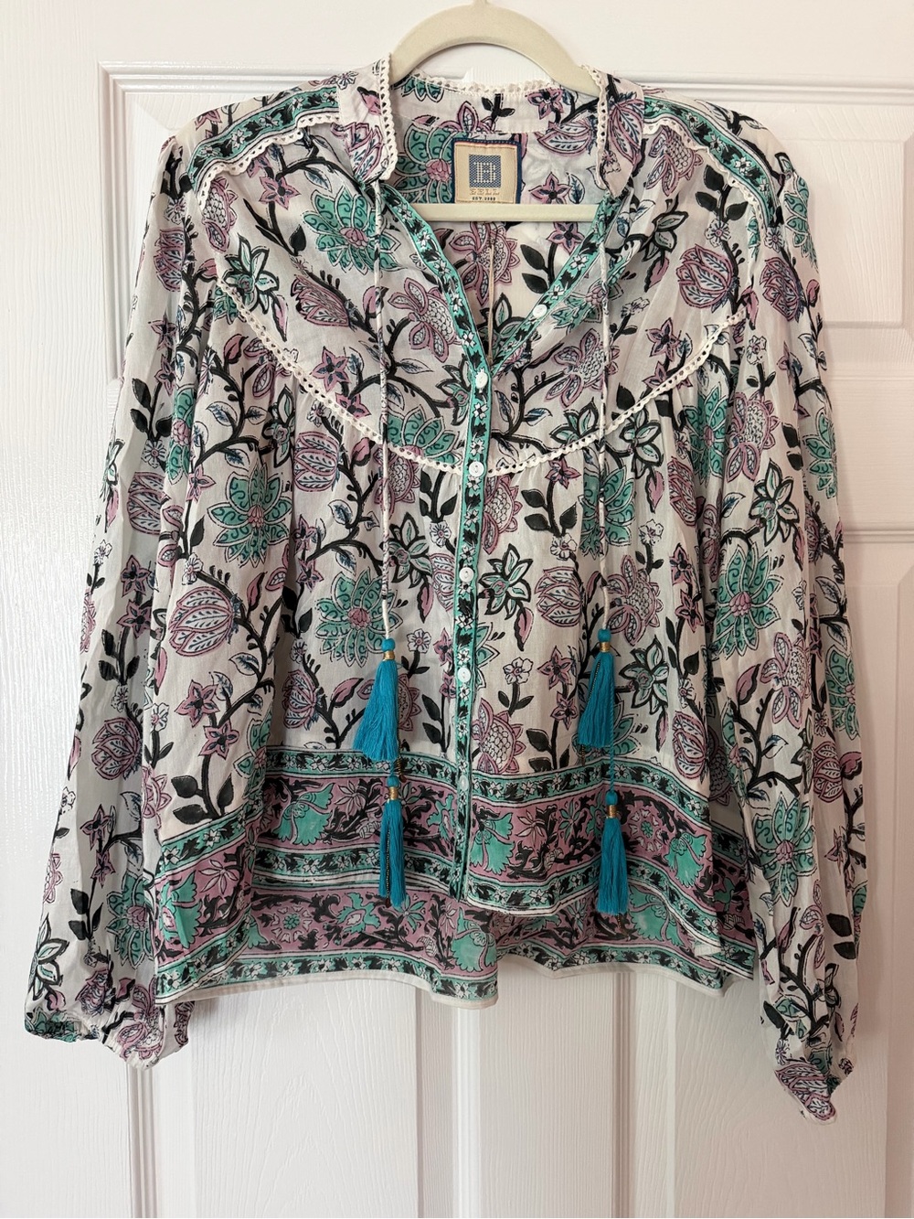 ALICIA BELL Floral Tassel Peasant Top - Aqua & Lavender Cotton Voile